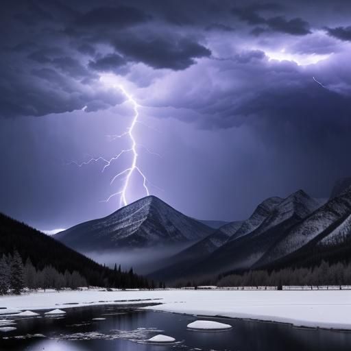 Dramatic Winter Thunderstorm Over Snow Mountains