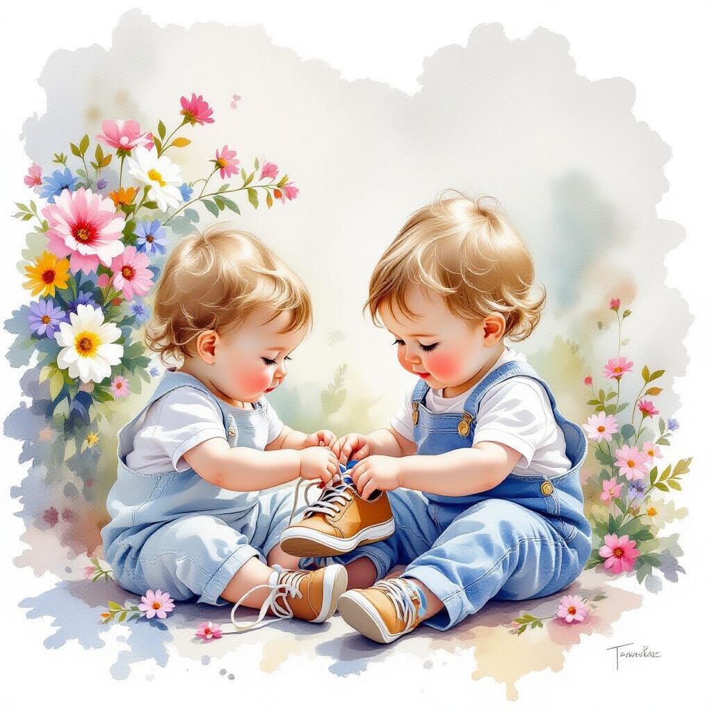 Baby Brother Helps Sister Tie Shoes in Watercolour