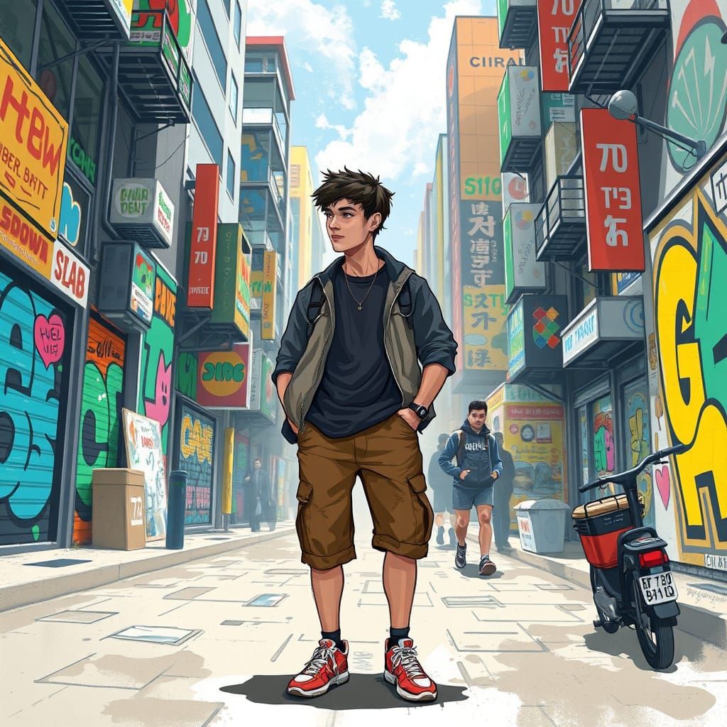 Person in Vibrant City Street Art, Digital Painting