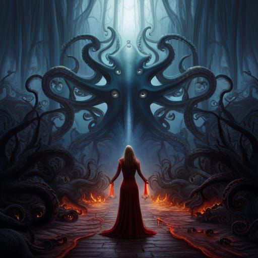 Eldritch Octopus Embraces Woman in Stormy Forest