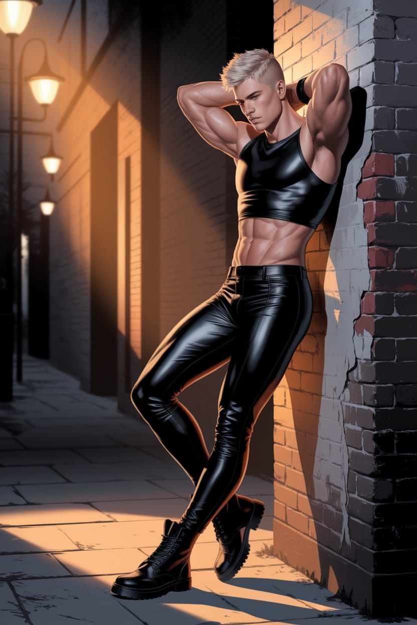 Handsome Young Man in Moody Alleyway, Alphonse Mucha Style