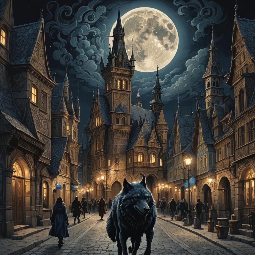 Werewolf Prowls Gothic Town in Expressionist Style