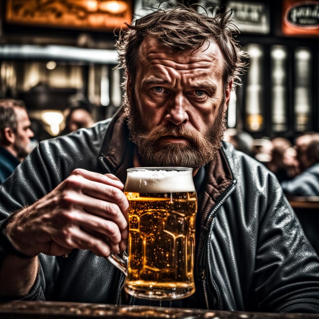 Hyperrealistic Angry Man Drinking Beer in Glasgow
