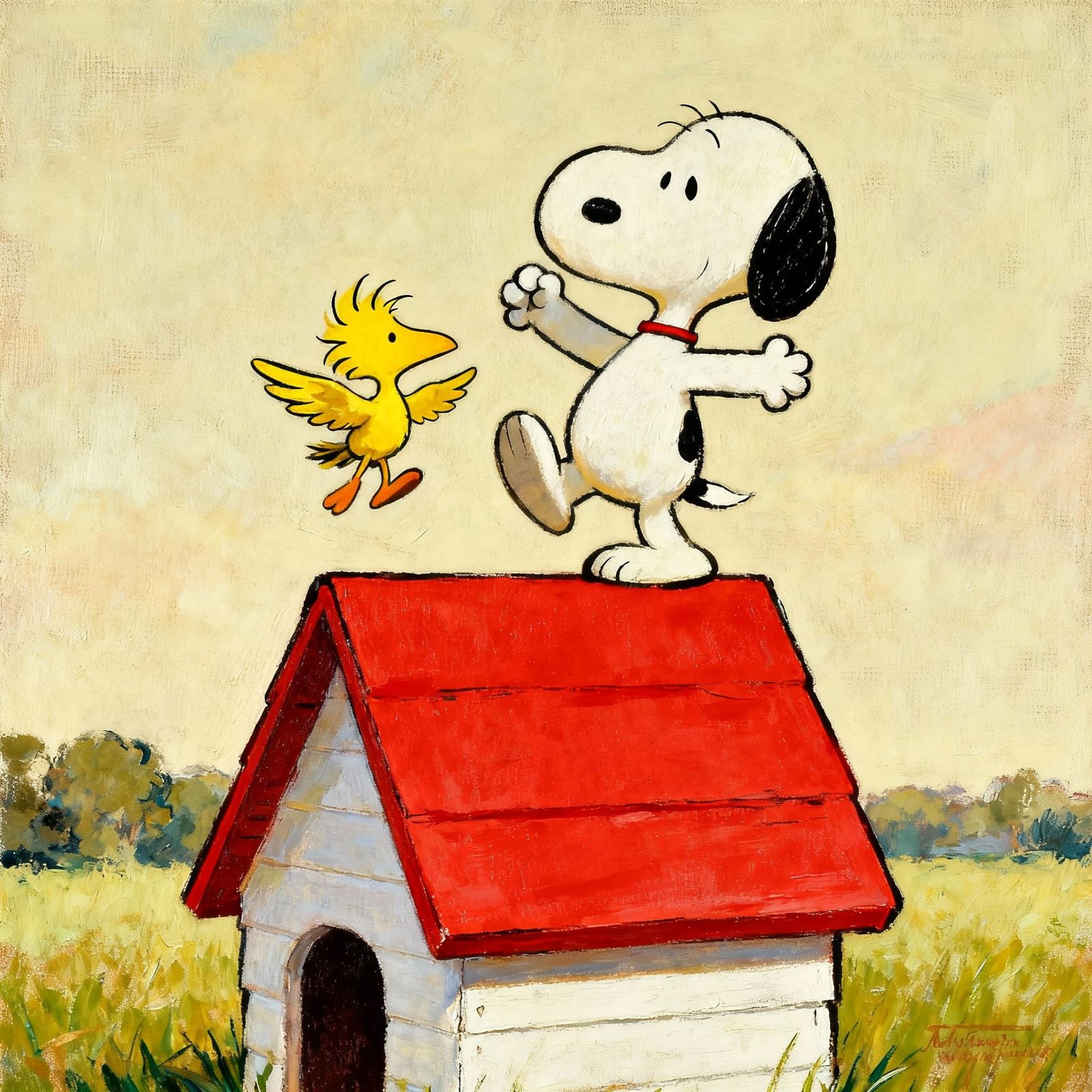 The Peanuts characters Snoopy and Woodstock, dancing on top of Snoopy's doghouse, as painted by Norman Rockwell