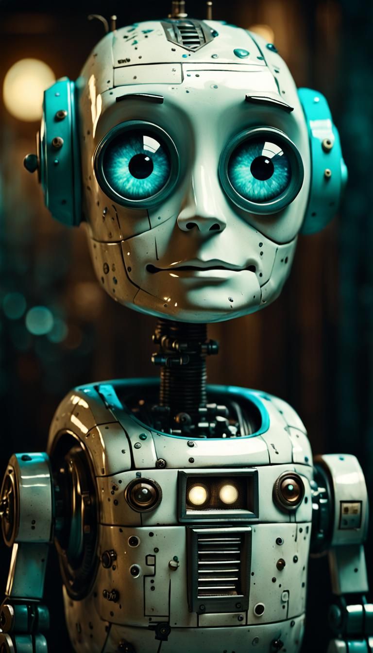 Funny Robot with Porcelain Face in Cinematic Style