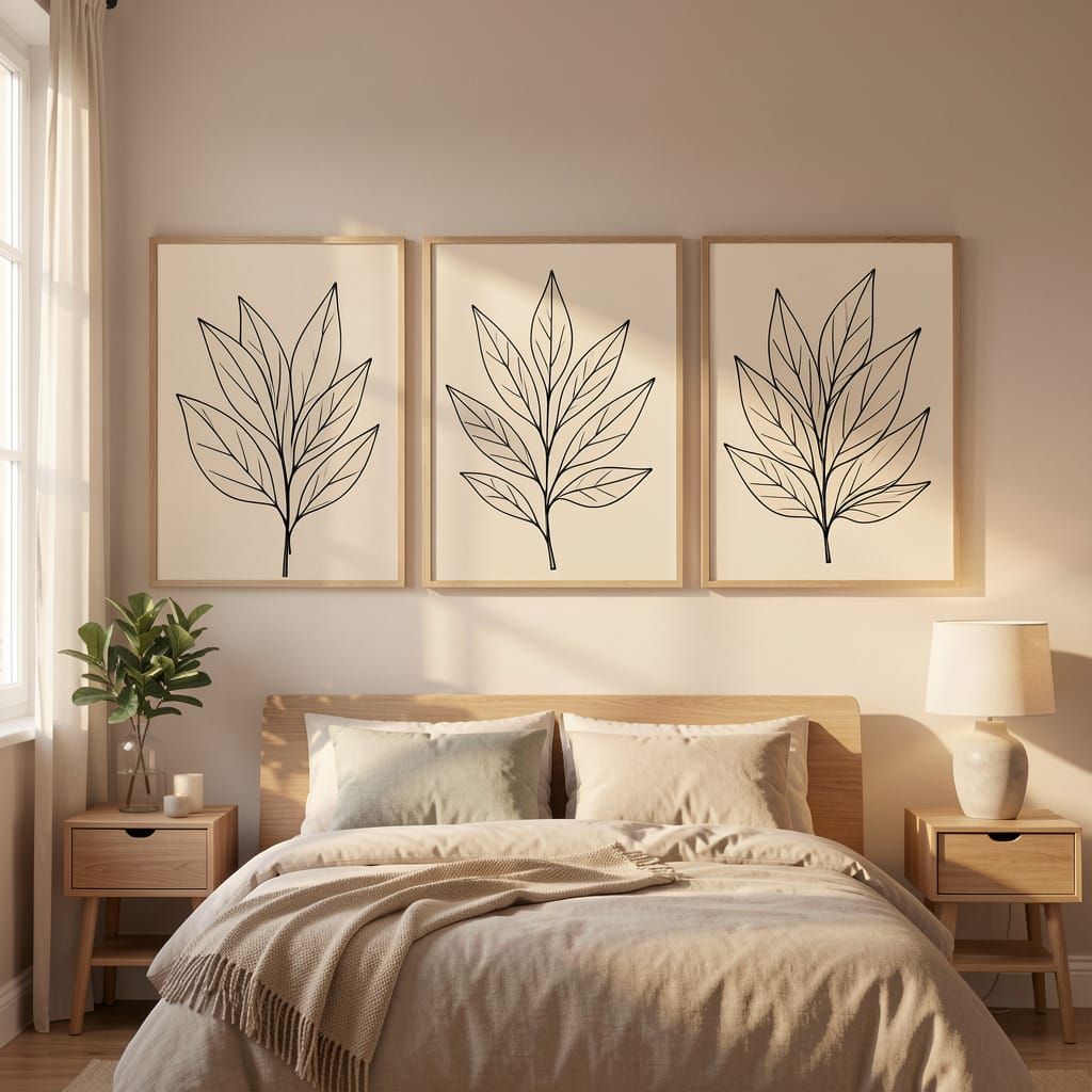 Minimalist Botanical Art: Black Line Leaves on Beige