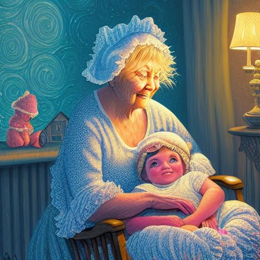 Touching Granny and Toddler Illustration in Mixed Media Styl...