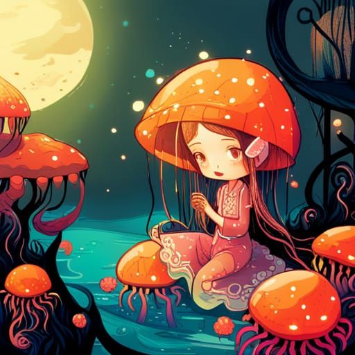 Girl with Glowing Jellyfish in Enchanted Forest