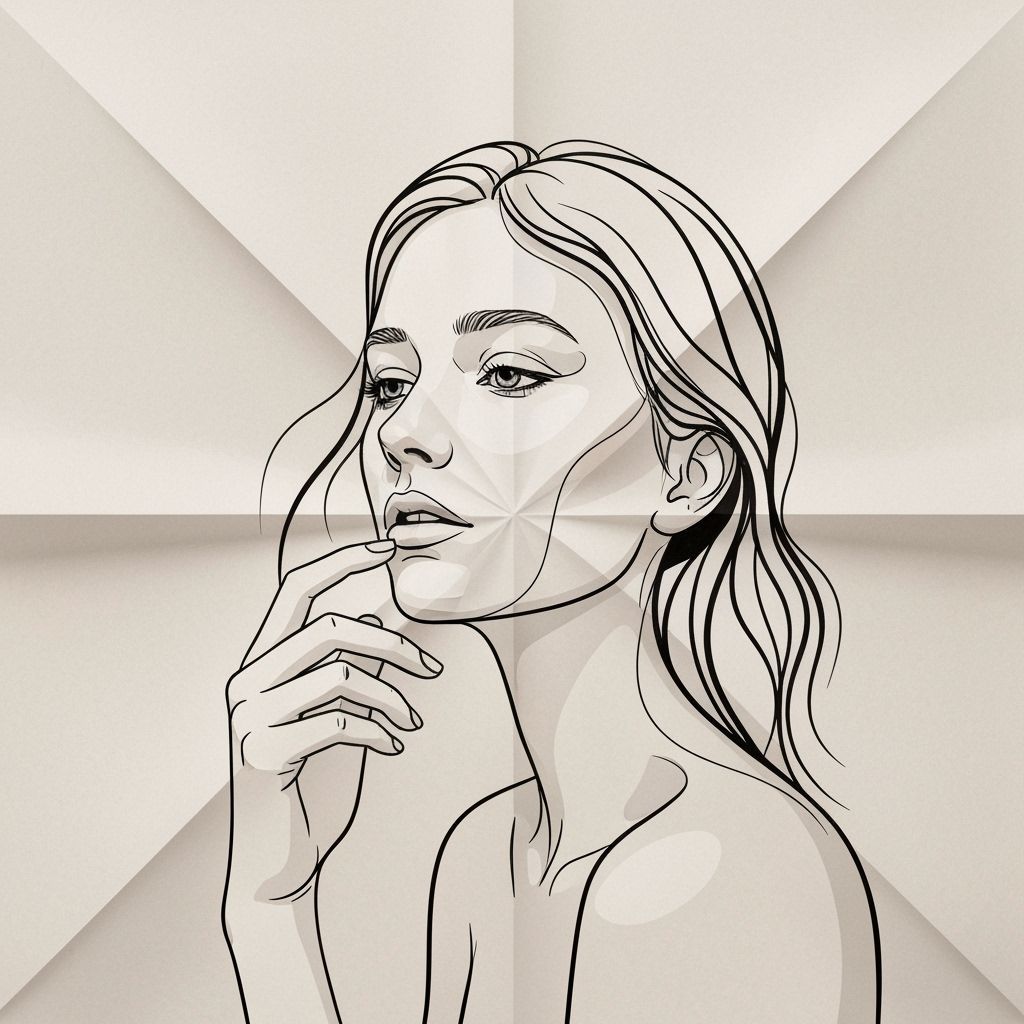 Woman in Thought: Minimalist Ink Portrait on Origami Paper
