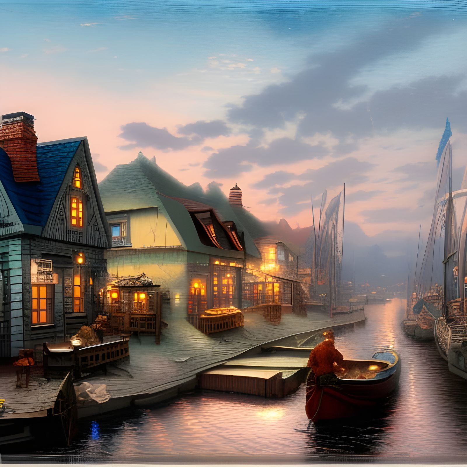 Ethereal Fantasy Harbor Scene in Kinkade Style