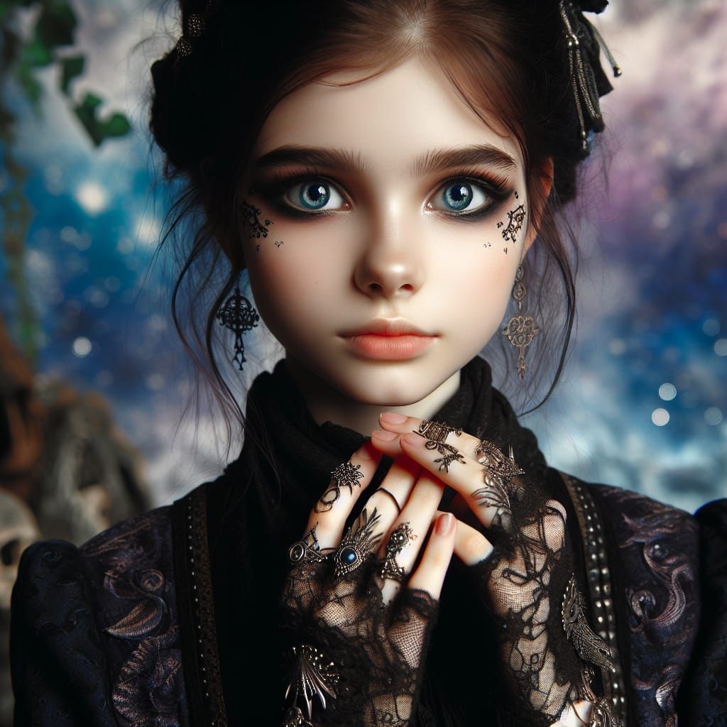 Gothic Girl with Beautiful Eyes in Fantasy Setting