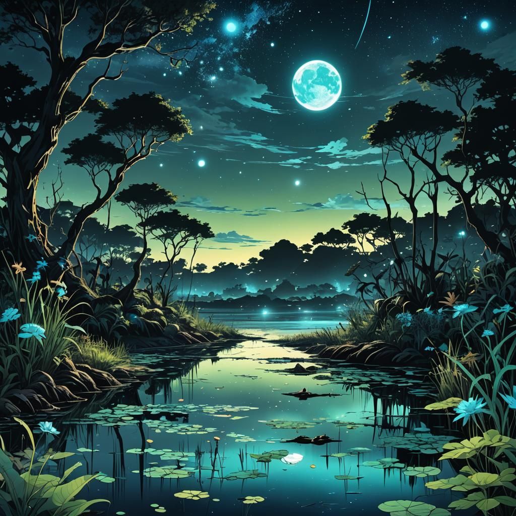 Surreal Cyan Wetlands: Dreamlike Anime Landscape