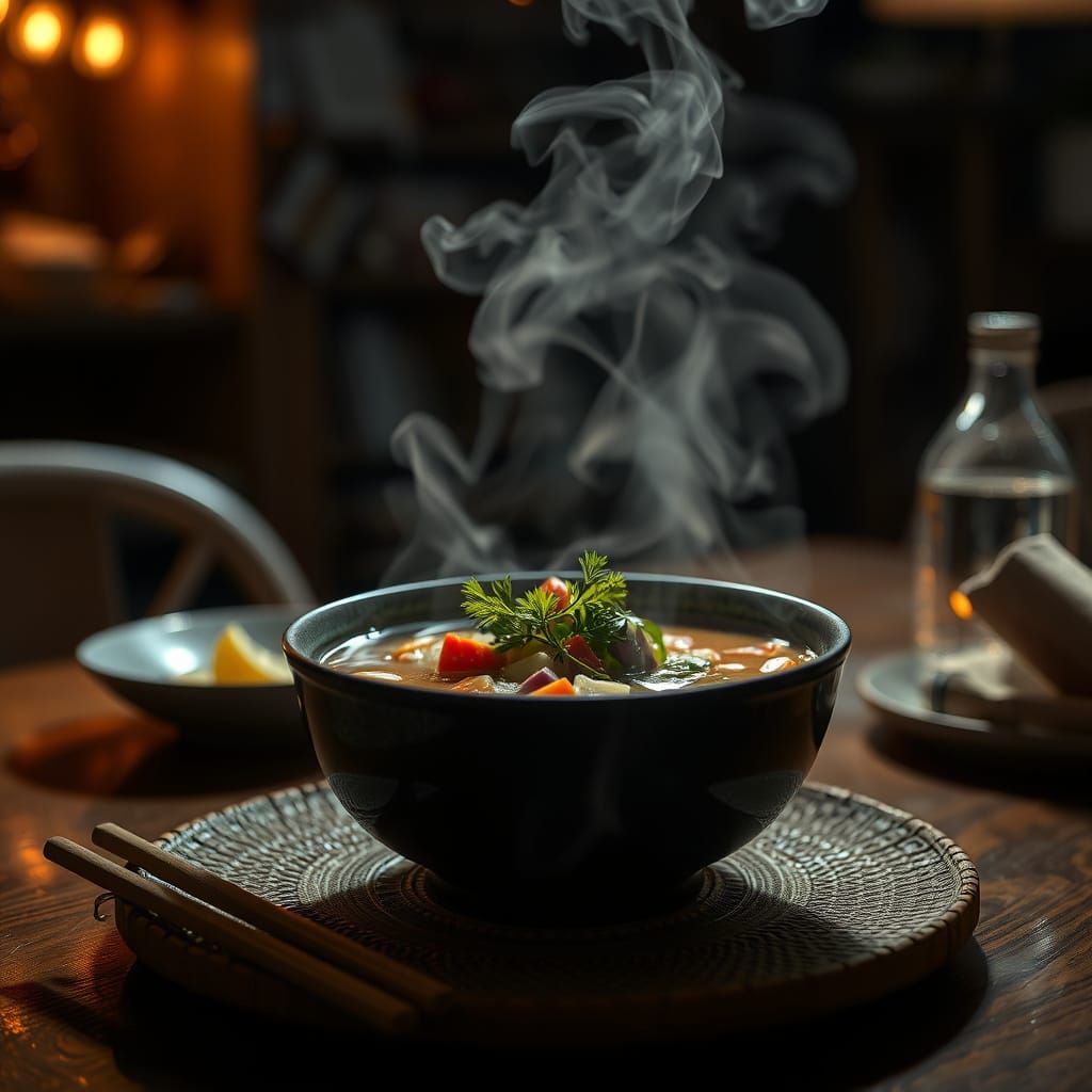 Steaming Bowl of Soup in Cinematic Hyperrealism