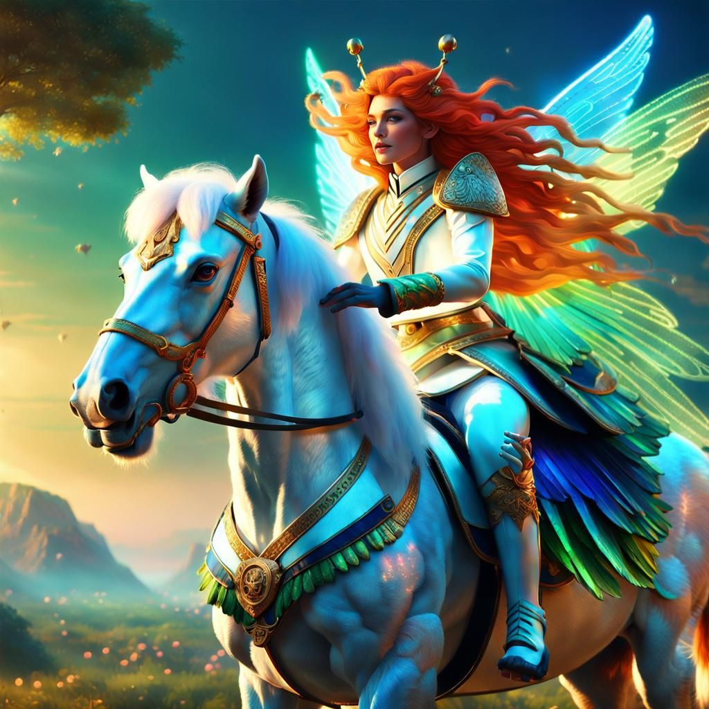 Fiery Fairy Rides Tiger-Horse in Fantasy Landscape