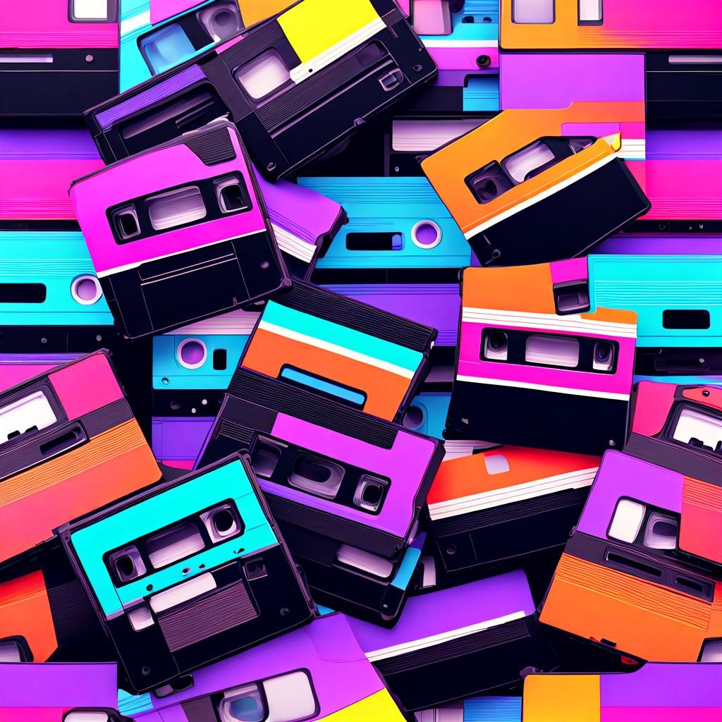 Retro VHS Tapes Stacked with Neon Glitch Effects