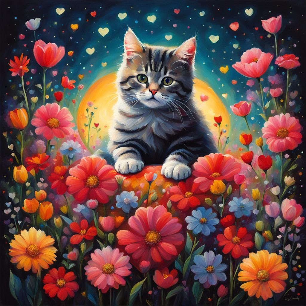 Cute Cat Surrounded by Flowers in Fantasy Art Style