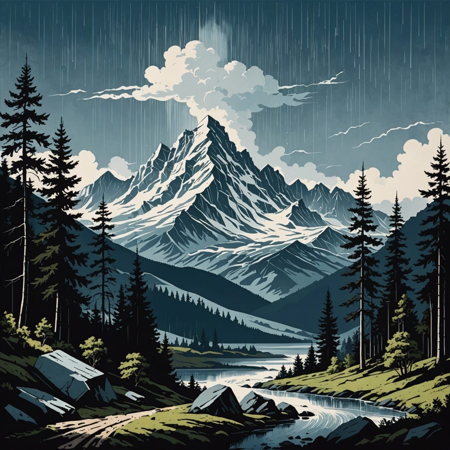 Minimalist Vector Art: Mountain Forest Thunderstorm