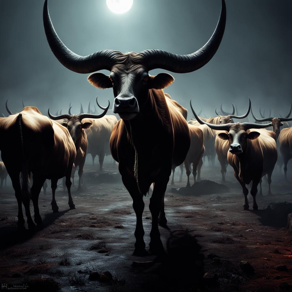 Surreal Demon Oversees Watusi Herd in Hellscape