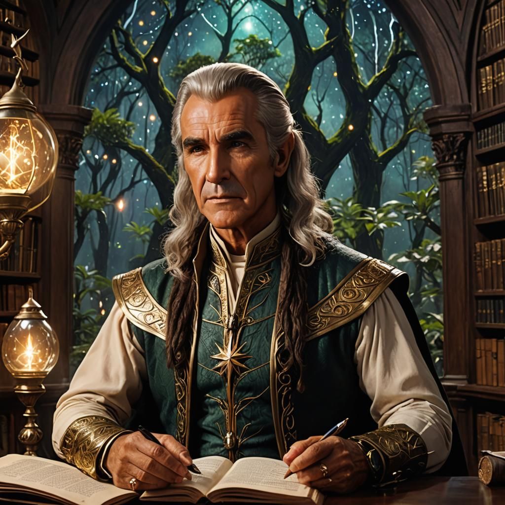 Elven Warrior Reading in Firefly Light, Hyperreal Art