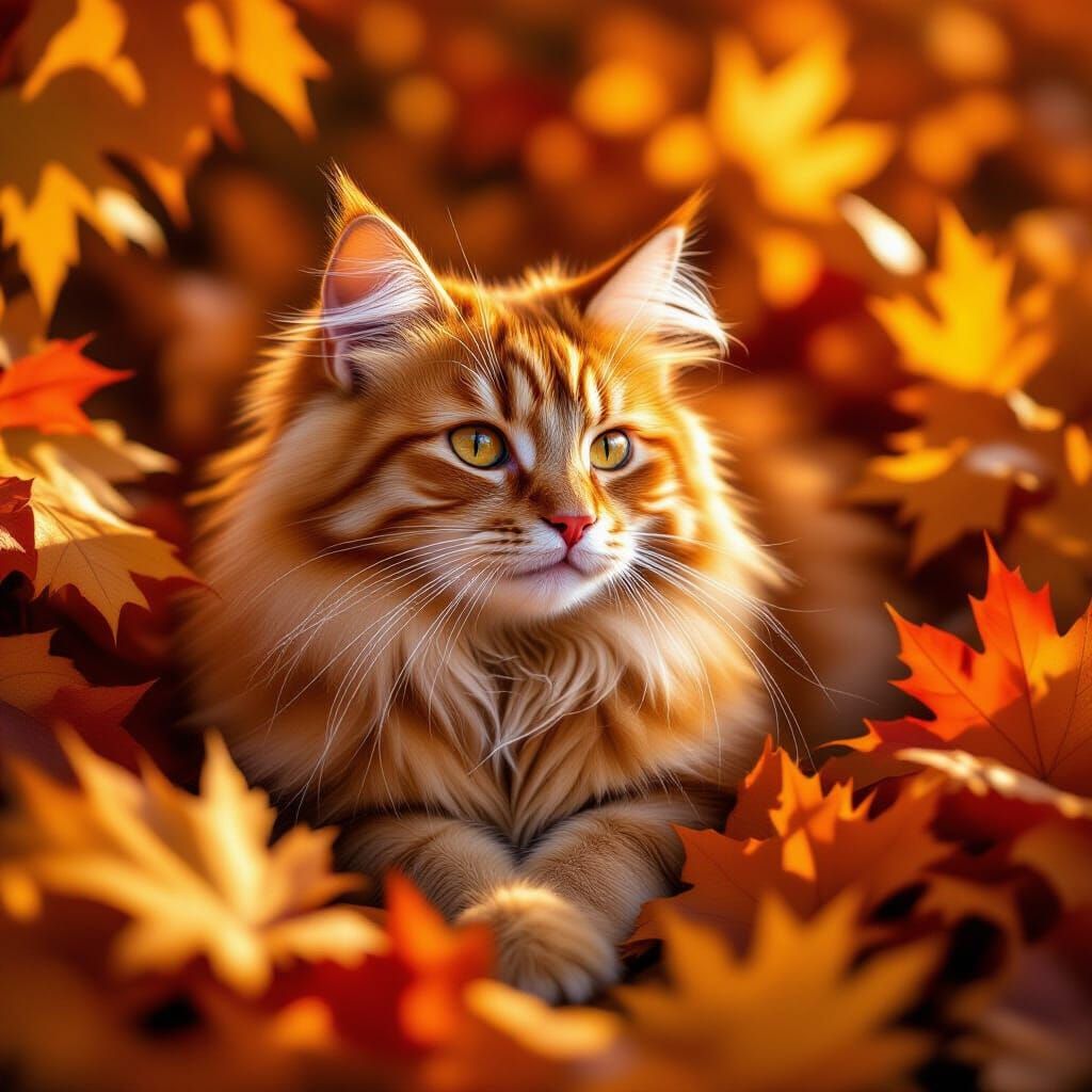 Fluffy Ginger Cat in Autumn Leaves Photorealistic Portrait