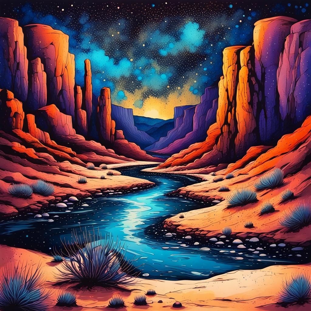 Starlit Desert Canyon in Ink Splatter Style
