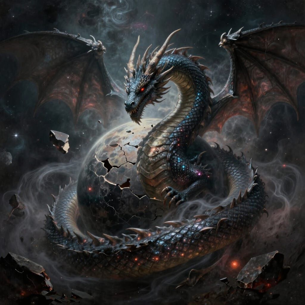 Cosmic Dragon Coiled Around Shattered Planet Fragment