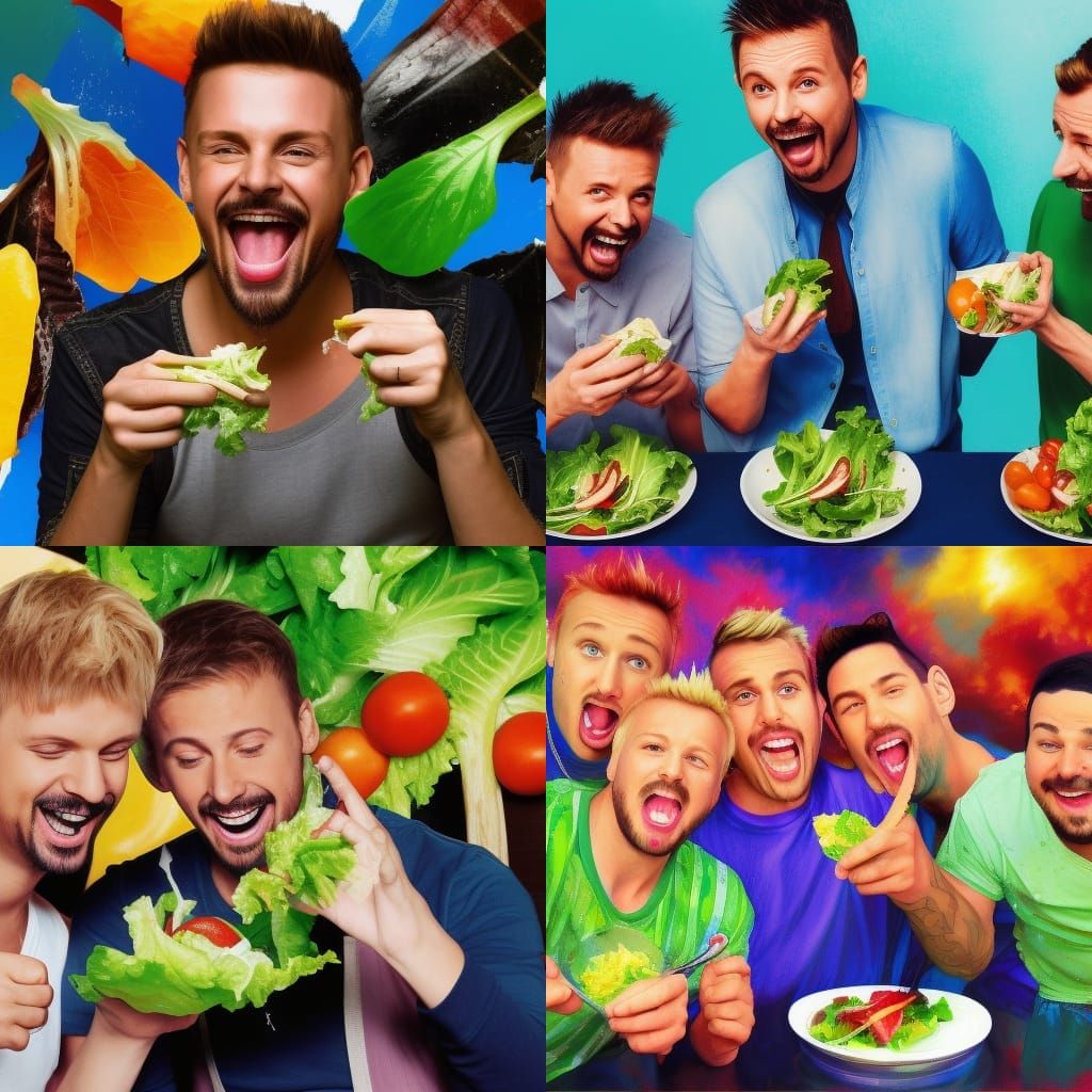 Backstreet Boys Eating Salad: Hyperrealistic Concept Art
