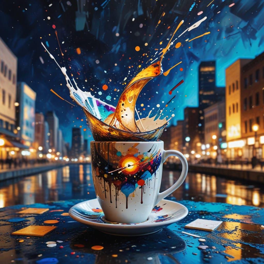 Dynamic Cityscape Coffee Cup Splatters in Vibrant Colors