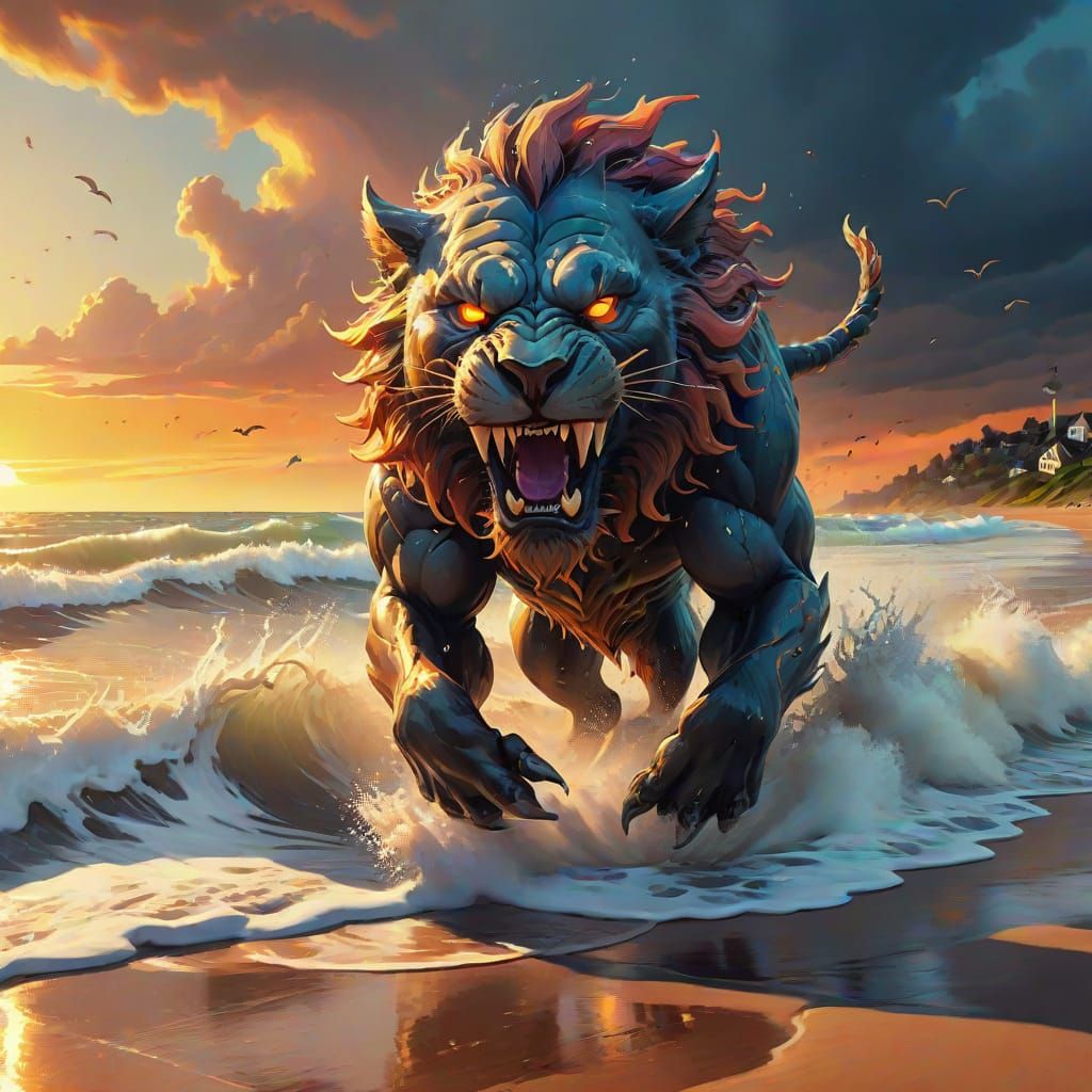 Surreal Beast Runs on Beach at Sunset