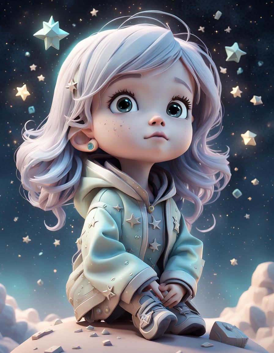 Celestial Toddler Wonders at Night Sky in Surreal 3D