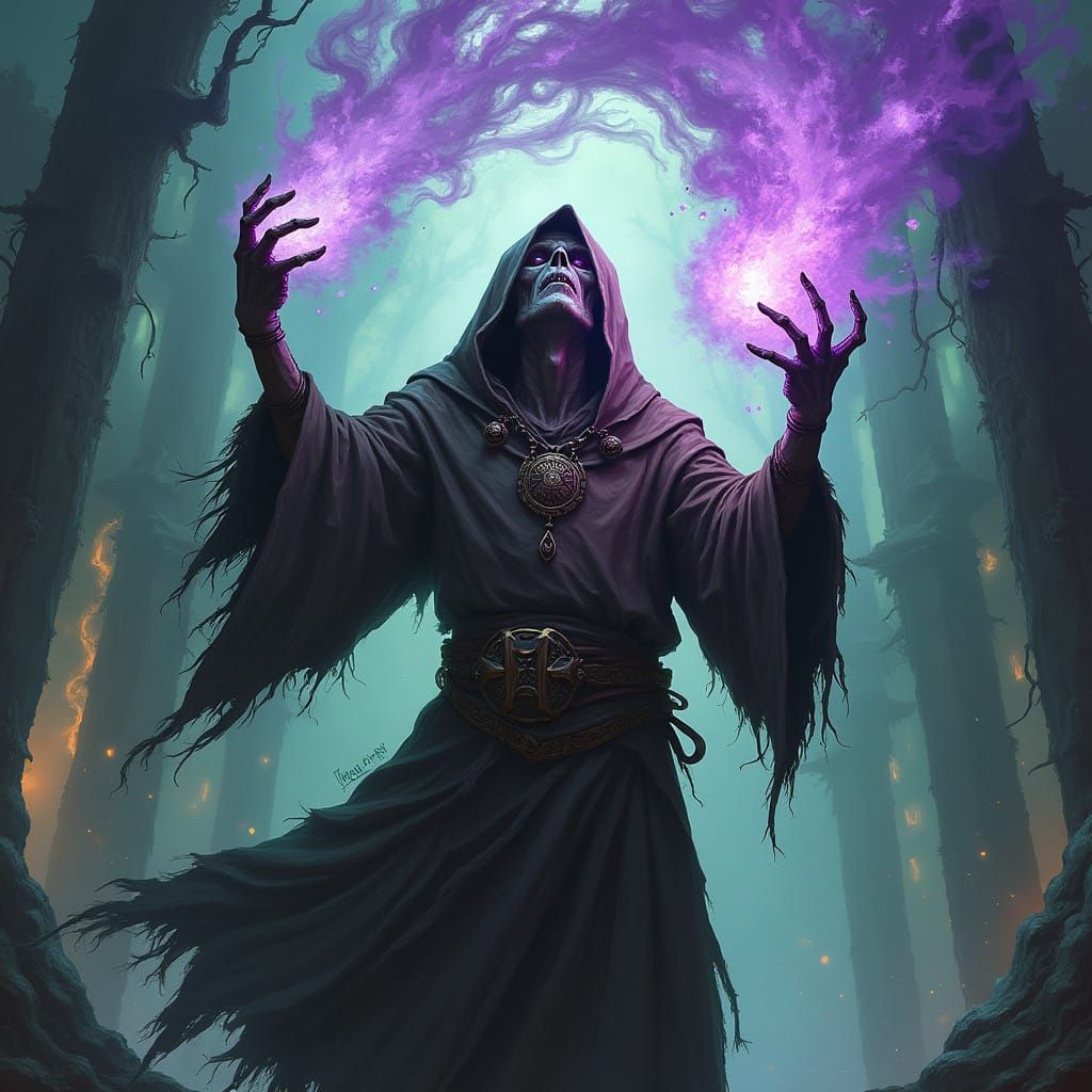Ethereal Warlock Unleashes Mystical Energy Amidst Gothic Rui...