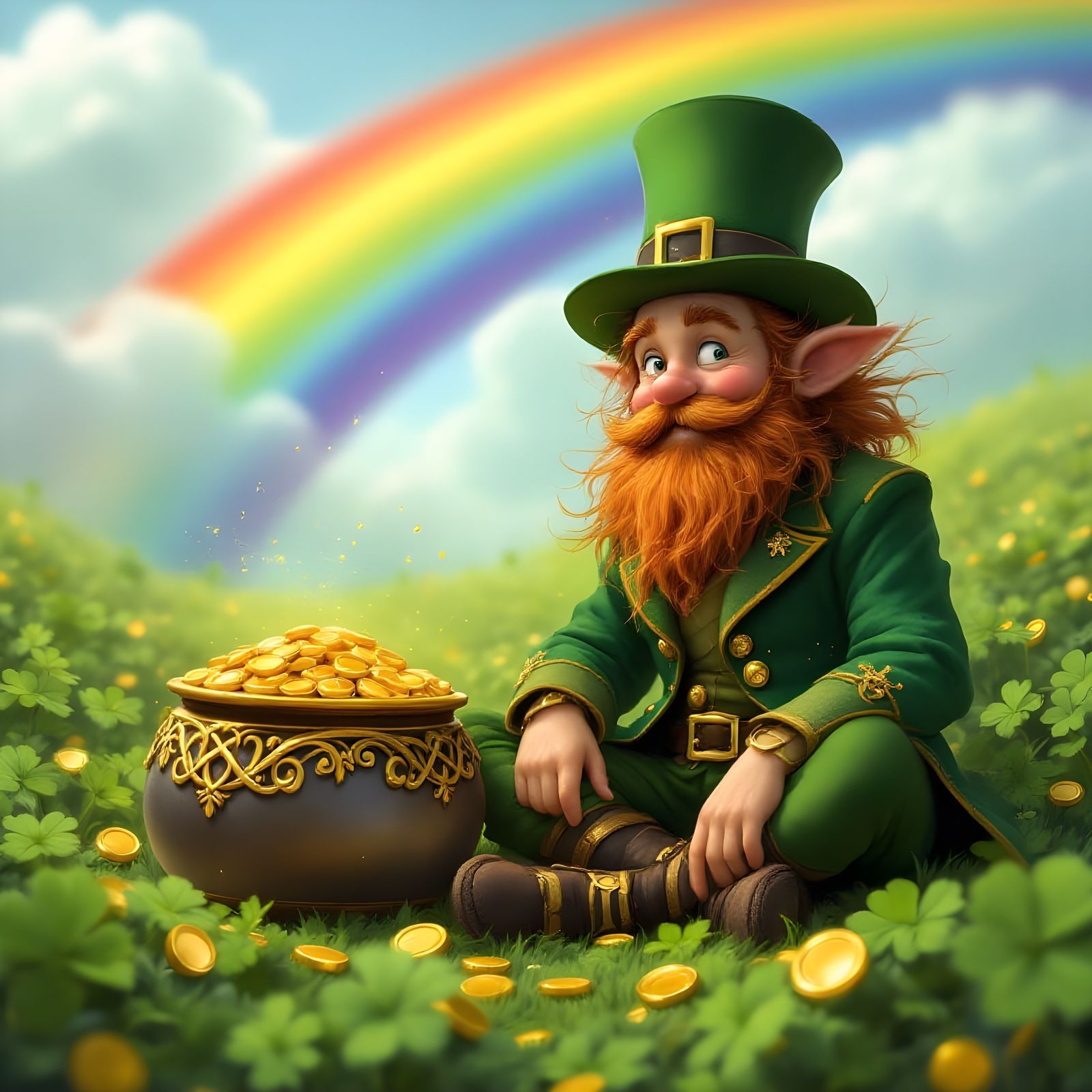 Charming Leprechaun Amidst Vibrant Clover Bloom and Treasure