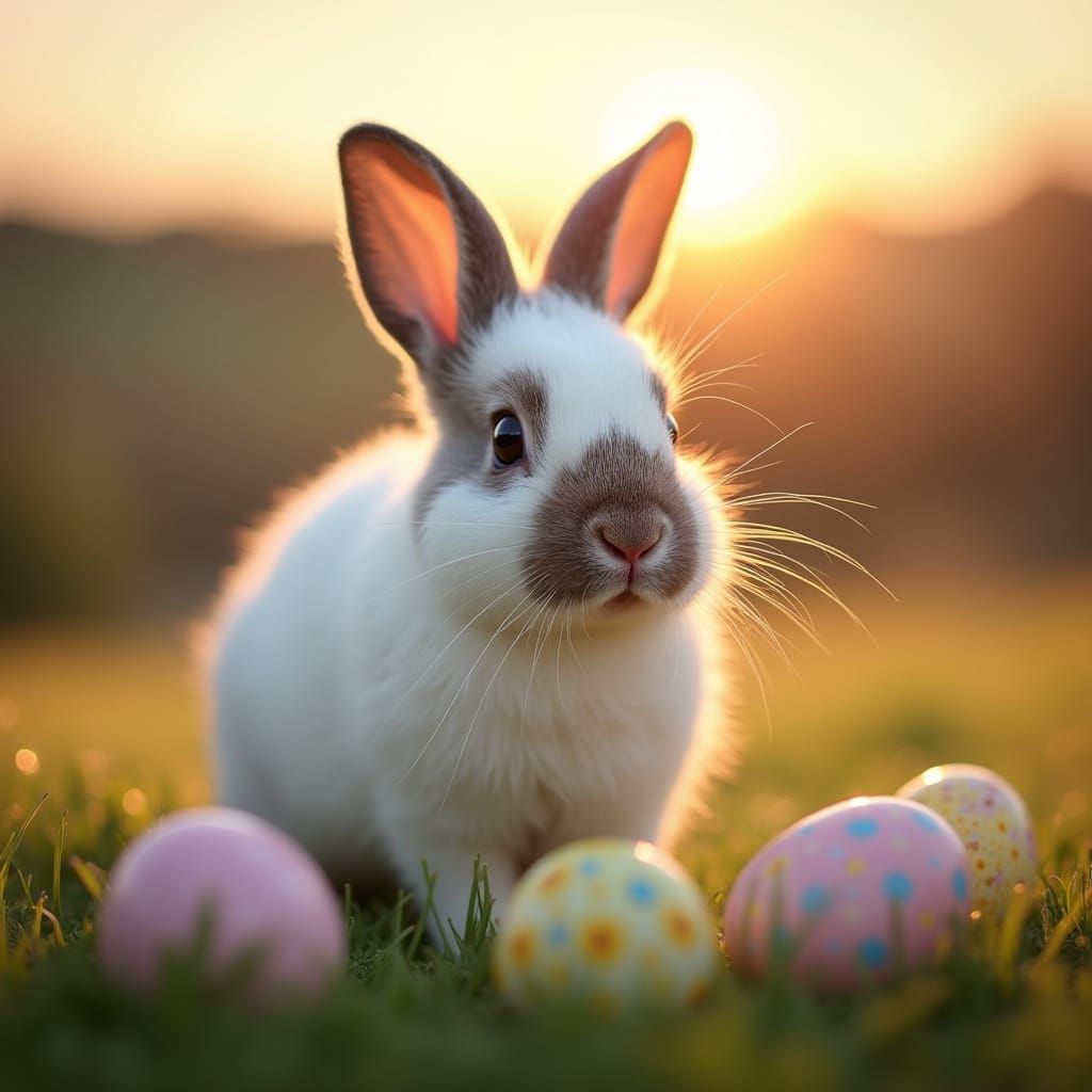 White Mini Lop Rabbit Surrounded by Easter Eggs at Sunset