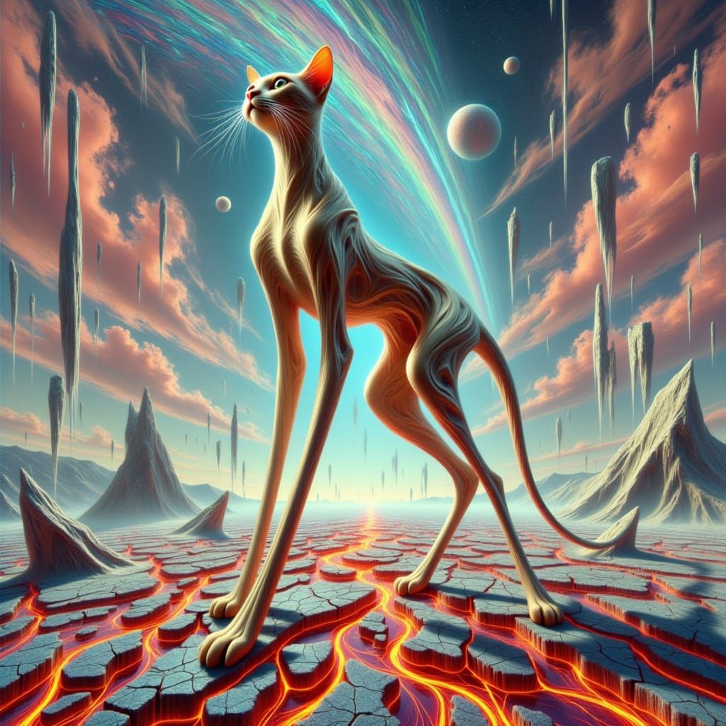 Ethereal Slender Feline in a Dreamlike Landscape