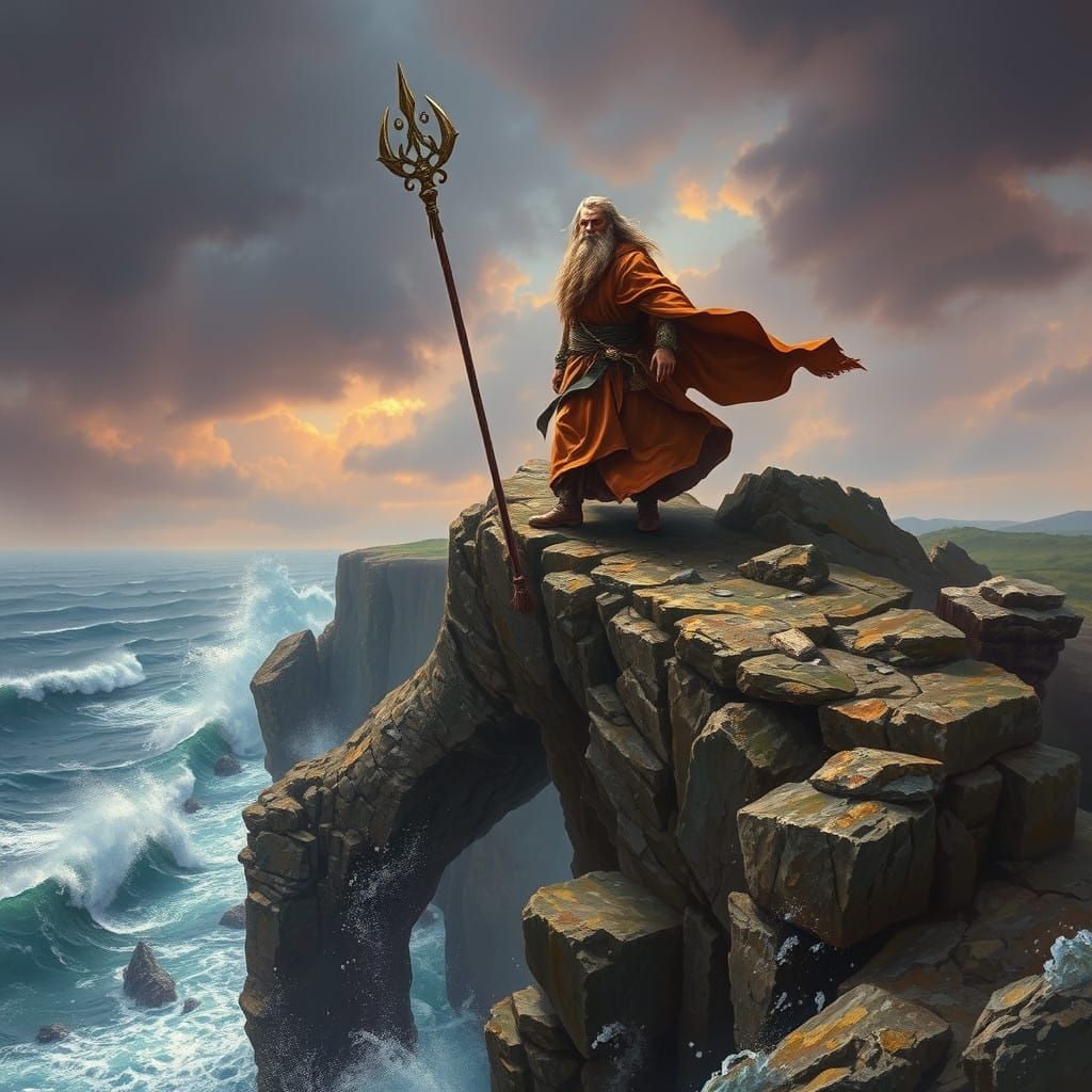 Majestic Coastal Archdruid Masterpiece in Earth-Toned Robes