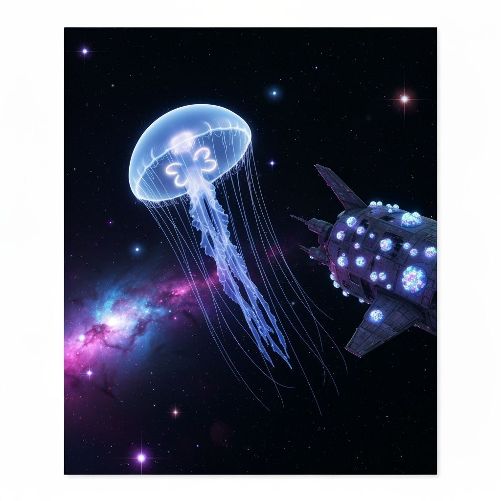 Bioluminescent Jellyfish Drifting Through Deep Space