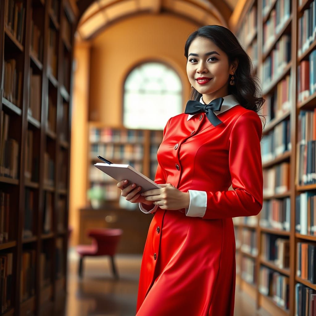 Philippine Woman in Red Dress in Library