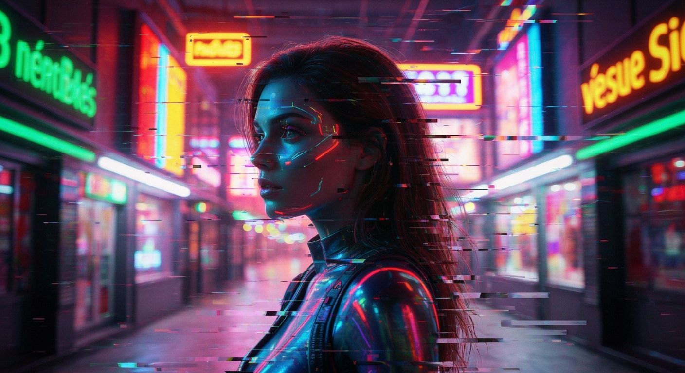 Futuristic Woman in Neon City with Glitch Effects