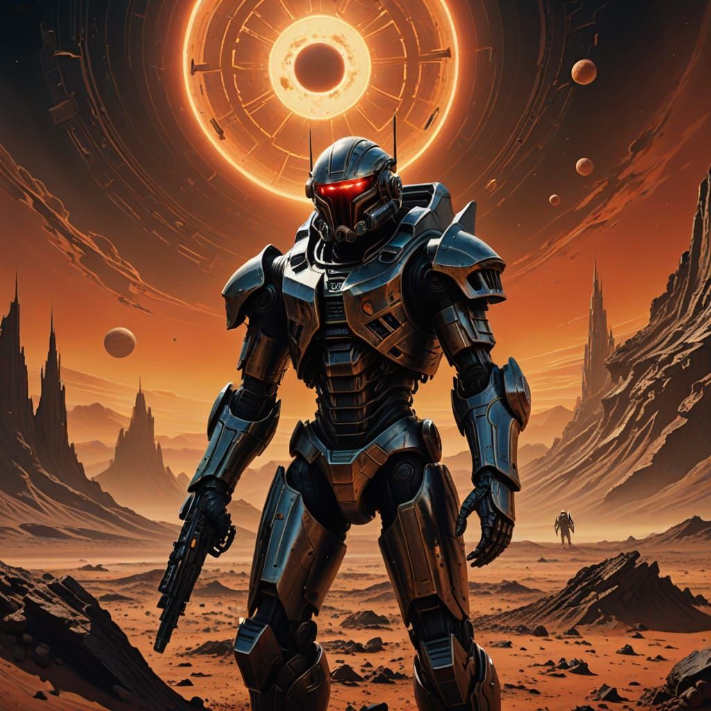 Space Mech Knight Amidst Mars' Solar Eclipse