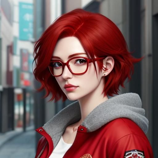 Anime Girl with Red Hair and Glasses