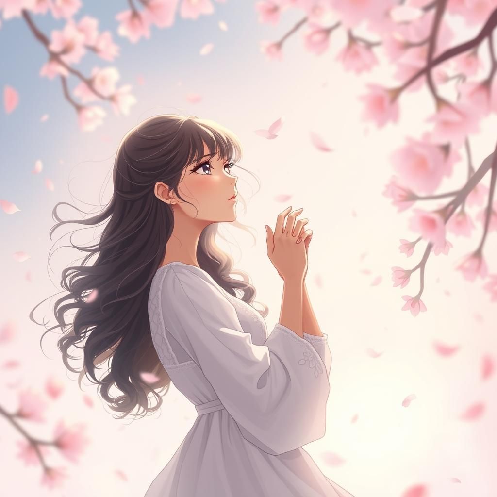 Anime Key Visual of Woman in Sakura Petals