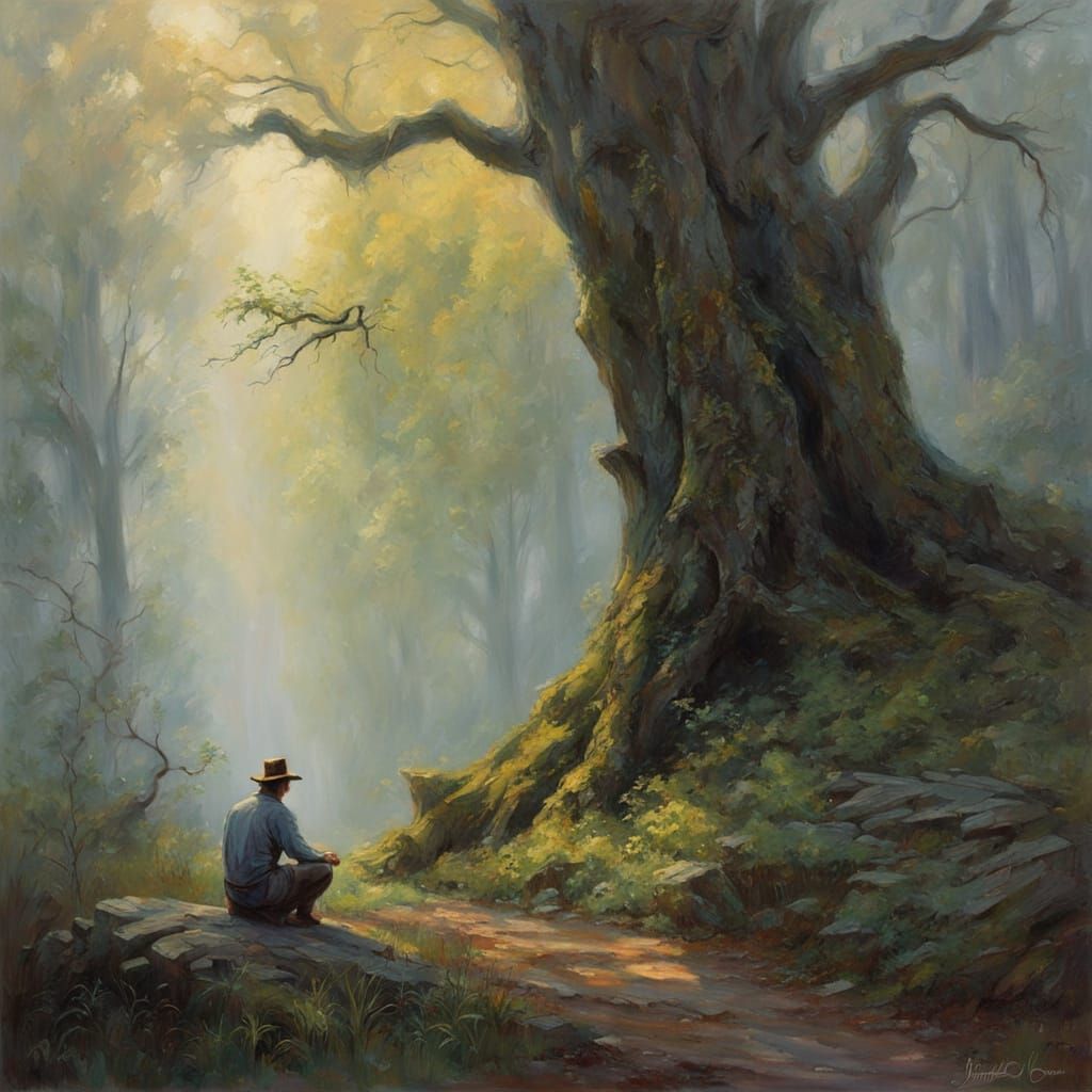 Figure Contemplating Nature in Ethereal Mist Oil Painting