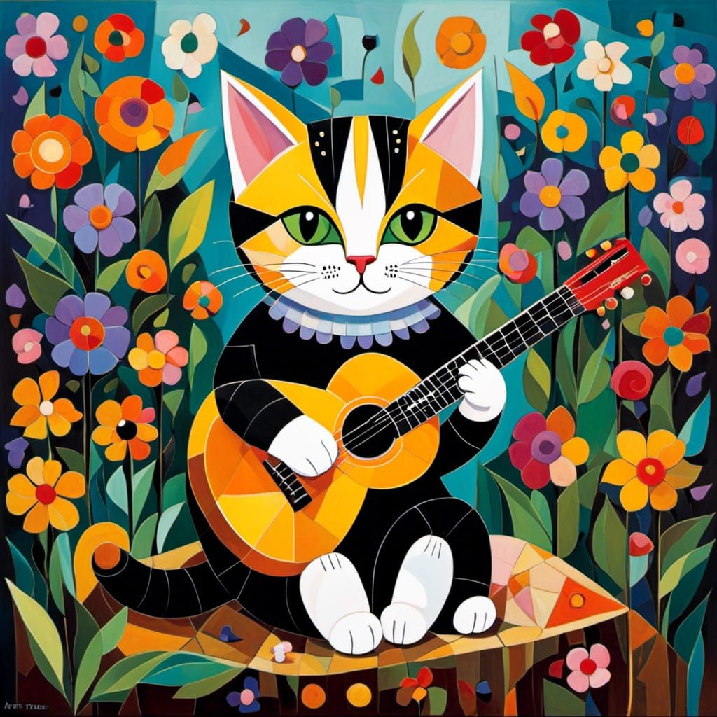 Cubist Kitten's Whimsical Guitar Serenade