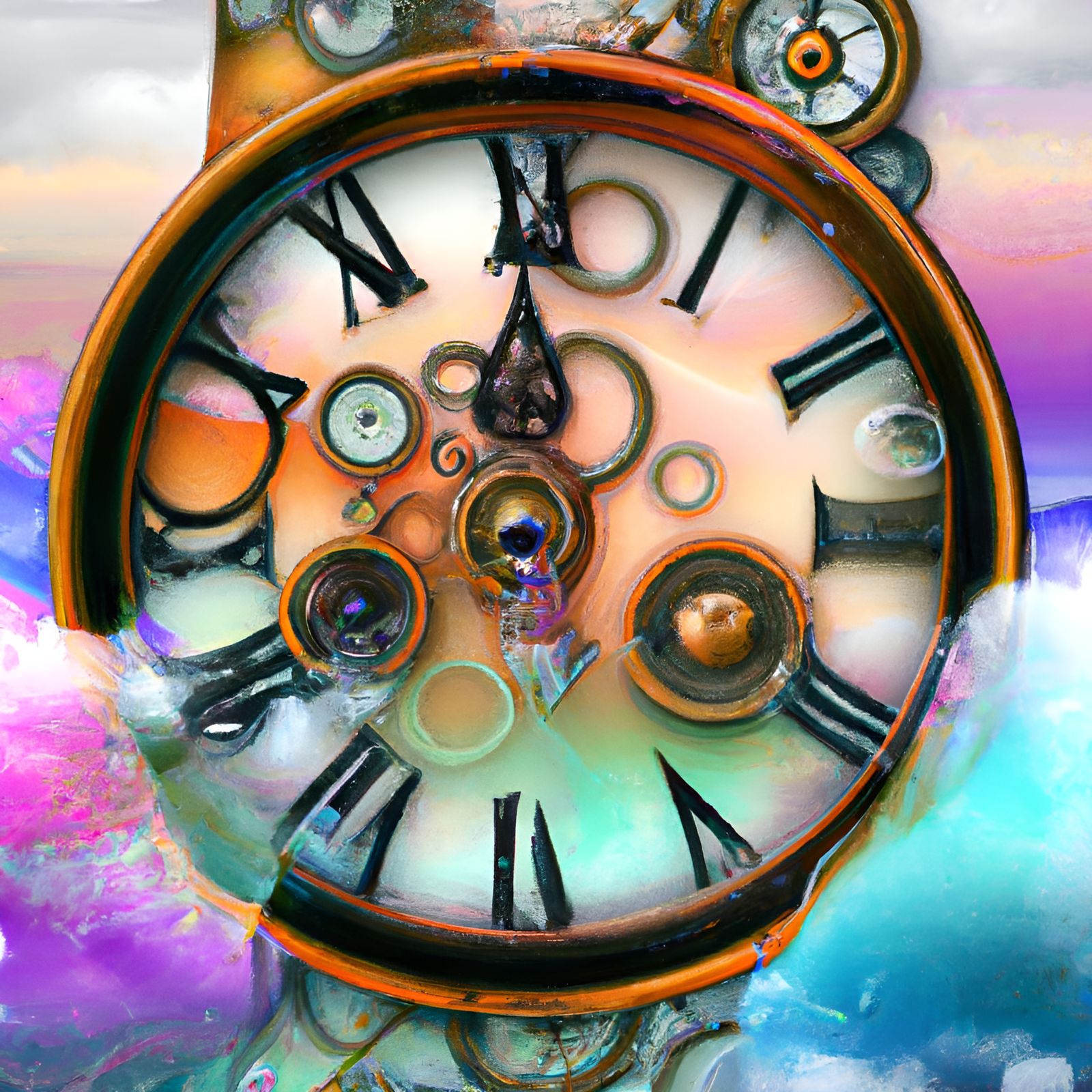 Steampunk Clock in Sky with Gears and Colors