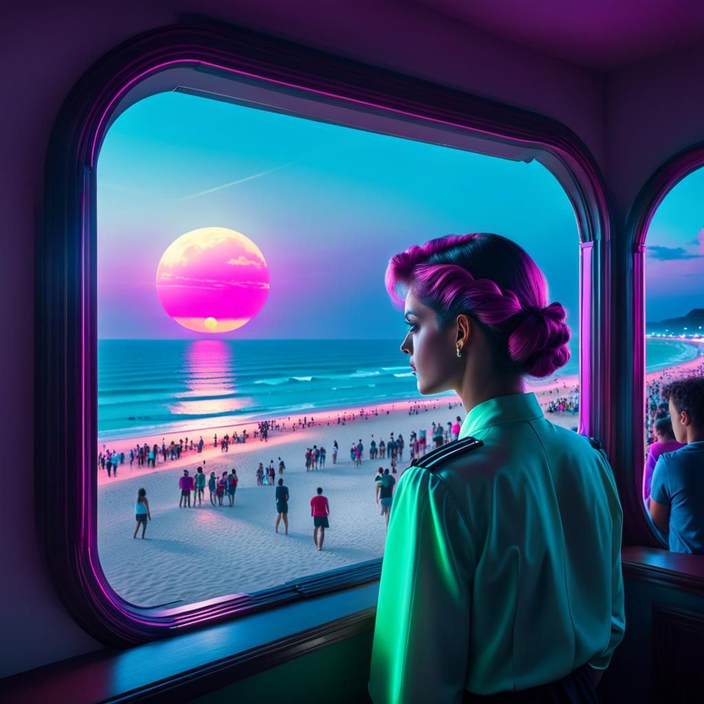 Synthwave Beach View with Round Moon