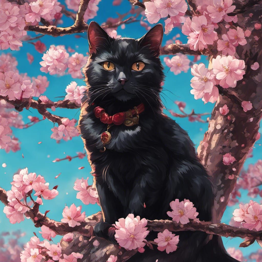 Black Cat in Cherry Blossoms: Anime Style