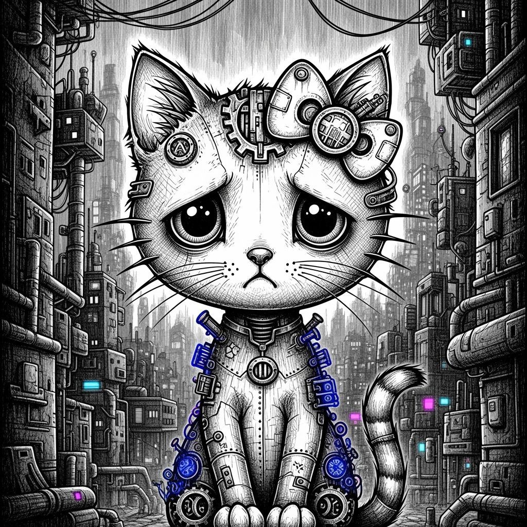 Sad Kitten Line Drawing in Goth Steampunk Style