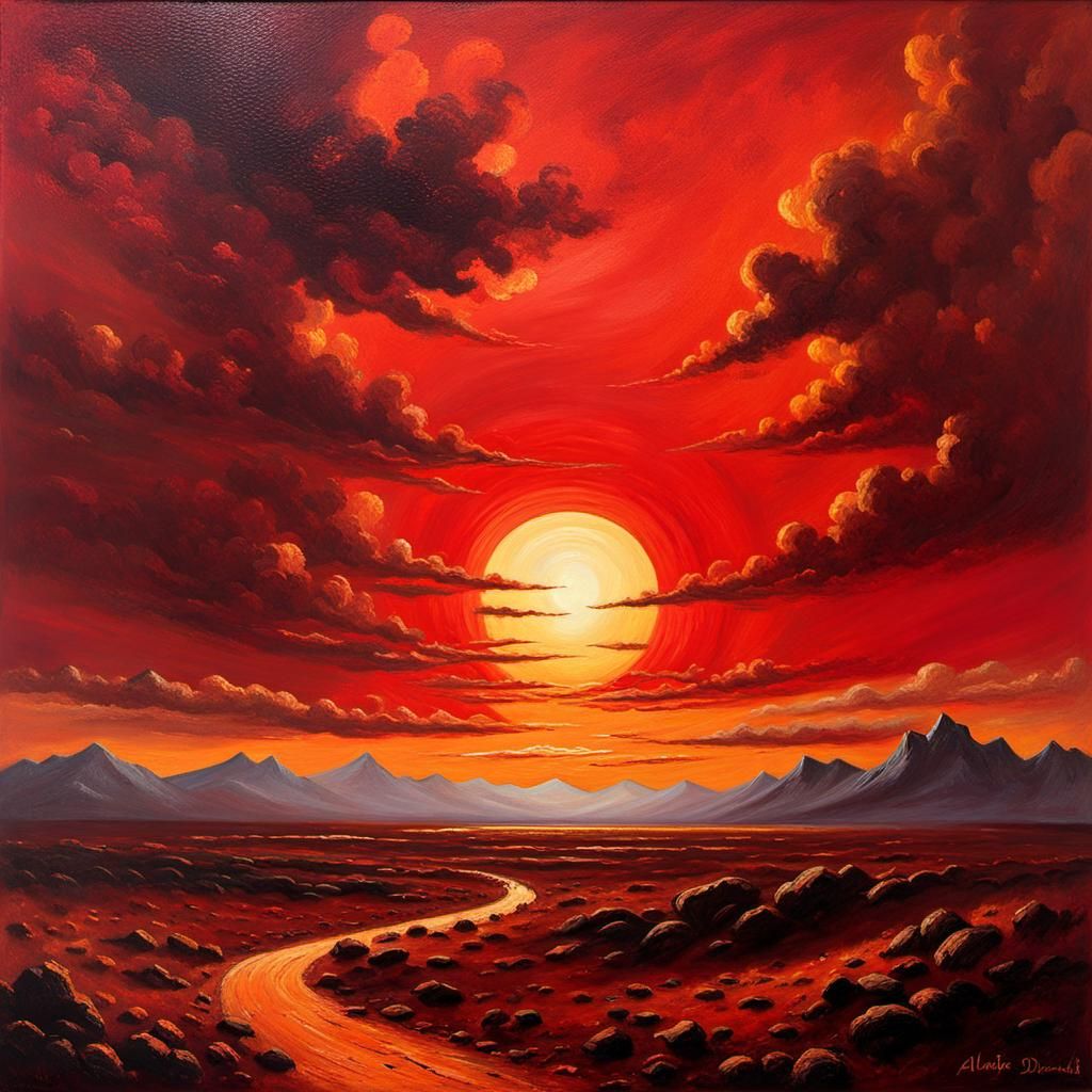 Ethereal Red Sun Eclipse Landscape Painting