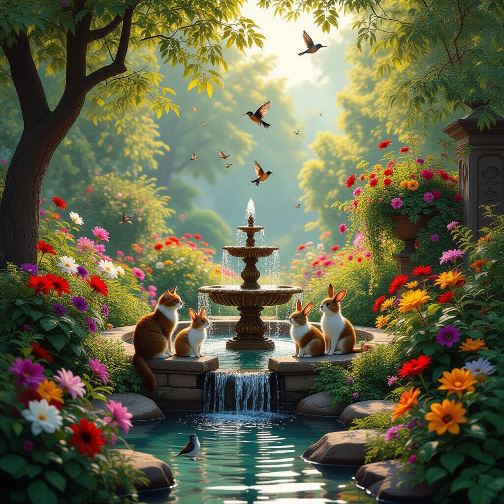 Vibrant Garden with Animals and Fountain - Cinematic Digital...