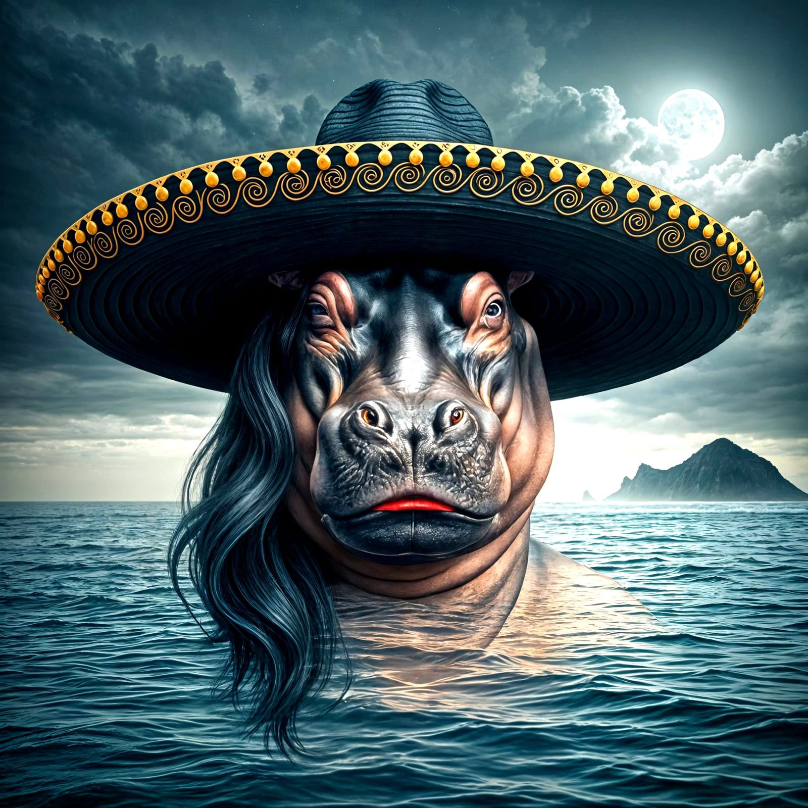 Anthropomorphic Hippo in Double Exposure Seascape
